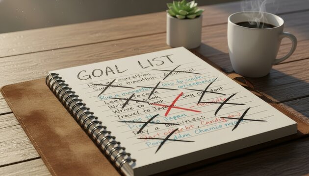 Close-up shot of a goal list, crossed out, on a spiral notebook on wooden desk