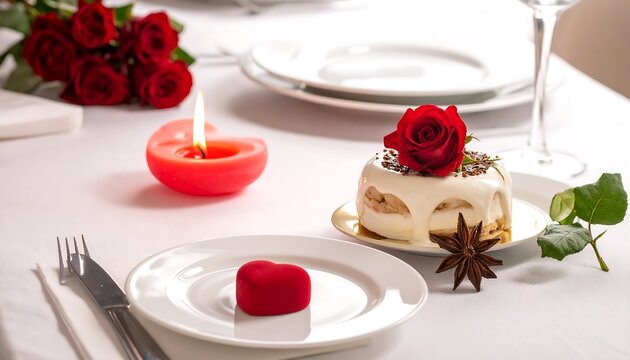Romantic table setting featuring roses, cake, and a heart-shaped candle