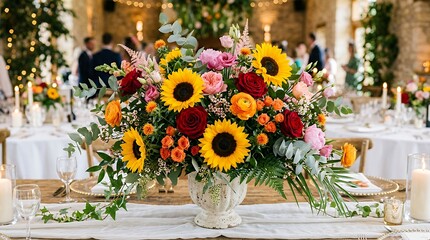 Fototapeta premium Mixed Floral Arrangement for a Wedding Featuring Large Yellow Sunflowers Combined with Red Roses and Accents of Orange and Pink