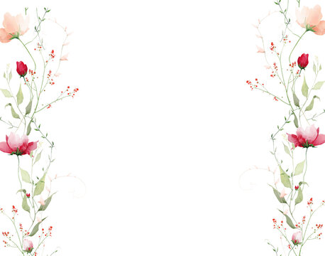 Watercolor floral seamless border. Meadow orange, pink, peach poppy, red rose, small flower branches, green leaves, branches, wild herbs. Hand drawn illustration. Artistic template design