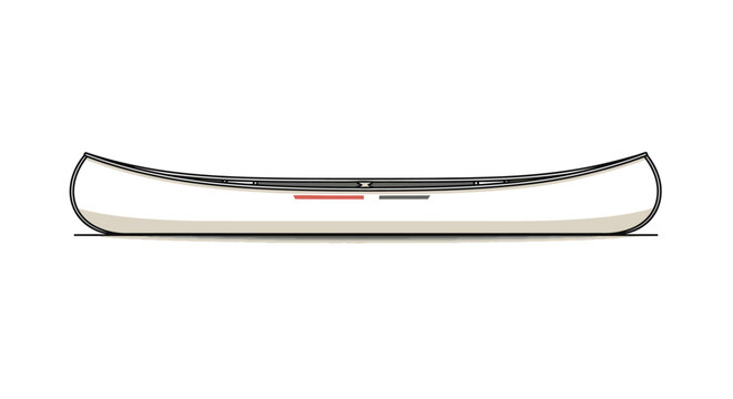 A minimalist illustration of a white canoe with a dark rim and a red and black stripe detail on its side, viewed from the front.