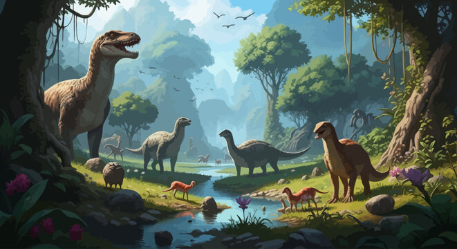 A vibrant prehistoric landscape teeming with diverse dinosaur species, lush vegetation, and a winding river under a misty, mountainous backdrop.