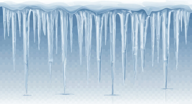 A detailed illustration of sharp, translucent blue icicles hanging from a snowy ledge, depicting a cold winter scene with frozen water formations.