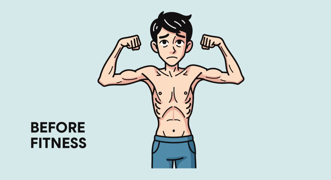 Illustration of a very thin, emaciated man flexing his biceps with a sad expression, labeled 'BEFORE FITNESS' on a light blue background.