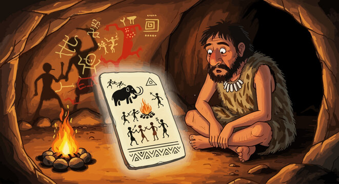 A thoughtful caveman sits by a fire, contemplating a stone tablet depicting prehistoric life and cave paintings.