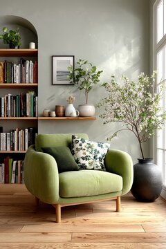 Cozy green armchair in a bright living room with shelves, plants, and natural light