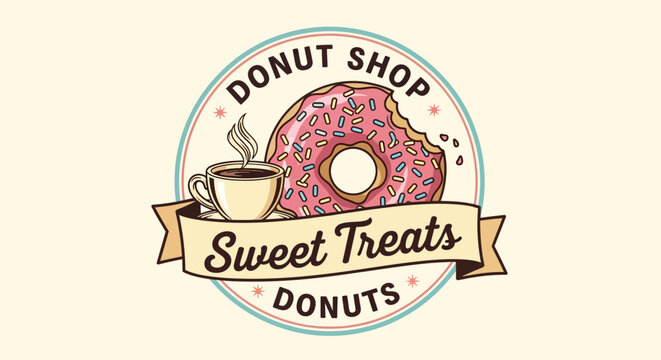 A charming circular logo for a donut shop named 'Sweet Treats Donuts', featuring a steaming cup of coffee next to a large, pink-frosted donut with a bite taken out.