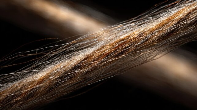 Close-up of a hair texture. the hair appears to be long and thin, with a golden-brown color. the strands are tangled and tangled together, creating a sense of movement and energy.