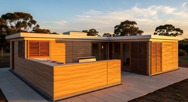Modern Natural Material Eco-House with Outdoor Kitchen at Sunset