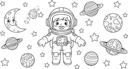 Cute Little Astronaut in Space with Planets Stars and Crescent Moon Vector Illustration Coloring Page Style © Akhi Ayra