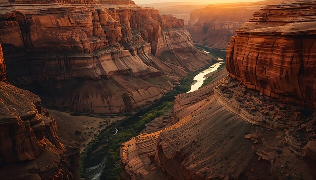 ​Cinematic view of a deep canyon with a winding river at sunset