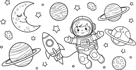 Little astronaut with rocket and planets in space coloring page for kids. © Akhi Ayra