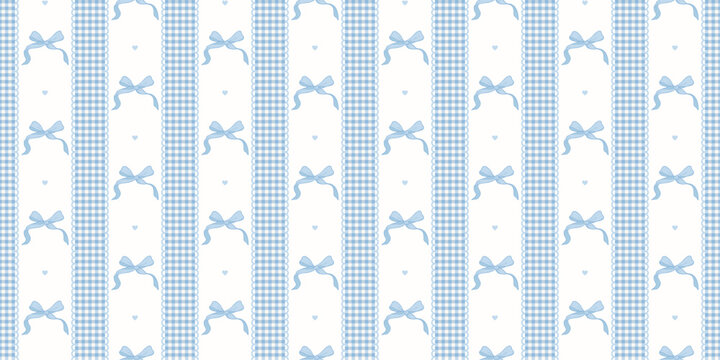 Coquette seamless pattern blue bow and ribbon. Gingham vintage wrapping paper background for birthday and holiday. Cute repeat wallpaper texture. Lace stripes plaid fabric. Vector illustration