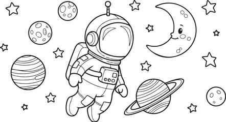 vector line art illustration of a cartoon spaceman in galaxy with stars and Saturn. © Akhi Ayra