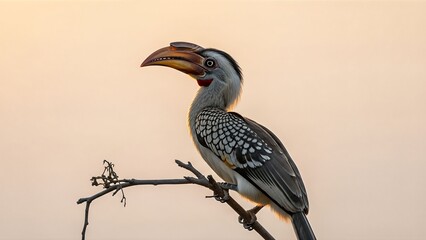 Obraz premium A Southern Yellow-billed Hornbill perched on a branch against a soft, hazy sky at sunrise.