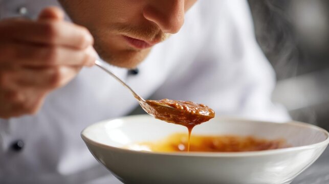 Close-up of a chef's face as he spoons a spoonful of tomato sauce into a white bowl. the chef is wearing a white chef's jacket and has a serious expression on his face.