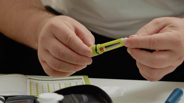 Close-up of person preparing insulin injection pen for diabetes treatment, healthcare and self-medication concept.