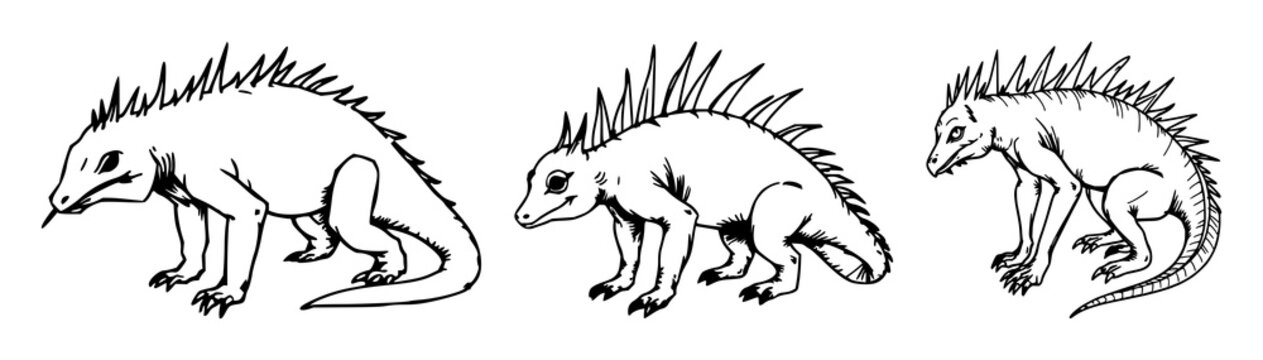Chupacabra set with sketchy black line art featuring hunched spined creature illustrating nocturnal folklore with eerie silhouette and mythical creature