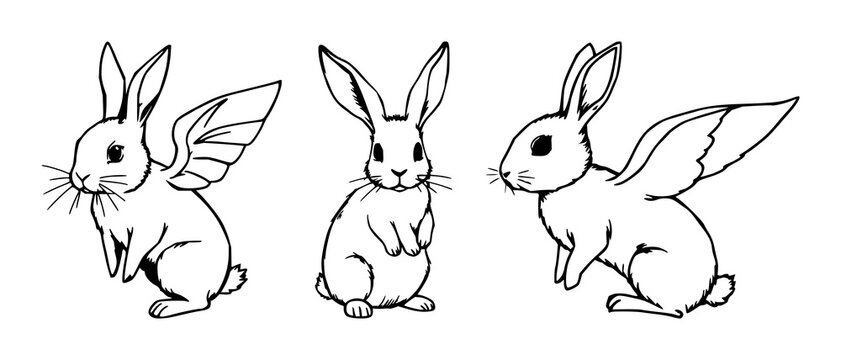 Wolpertinger animal set with graphic sketchy black line art design featuring mythical creatures, Bavarian folklore, legendary animals with fantasy and wildlife