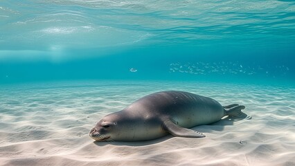 Naklejka premium A Hawaiian monk seal rests peacefully on a sandy ocean floor, with clear turquoise water above.
