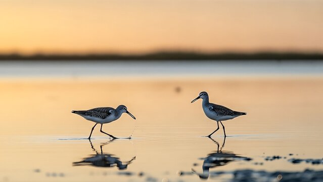 Two sandpipers wading in shallow water during a golden sunset with reflections.
