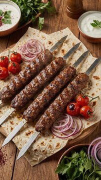 Middle Eastern grilled meat kofta kebab skewers, served with fresh red onion, ripe cherry tomato, soft flatbread and creamy yogurt. Traditional savory cuisine, delightful satisfying meal