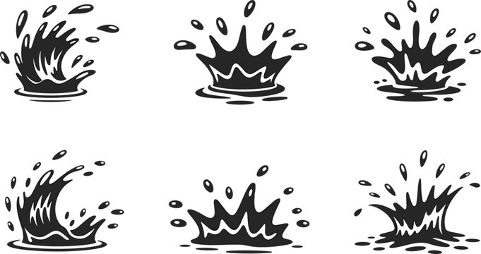 Black water splash collection set, liquid drop silhouettes and wave crown icons for creative oceanic design