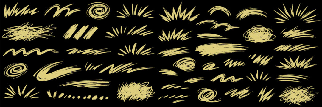Golden sketch strokes collection. Set of decorative hand drawn lines bursts swirls and abstract highlight elements