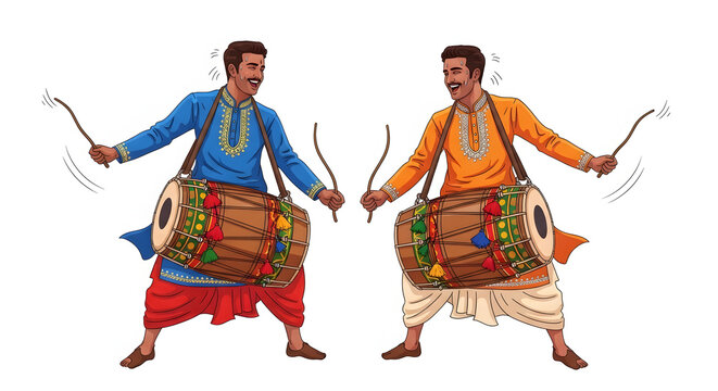 Two men enthusiastically playing traditional Dhol drums during the vibrant Navratri festival celebrations