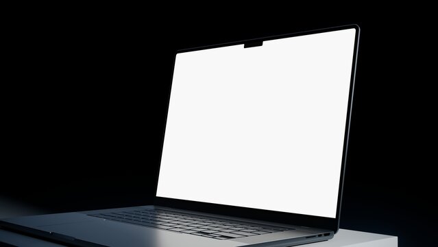 Laptop blank screen mockup on table with dark background, side view