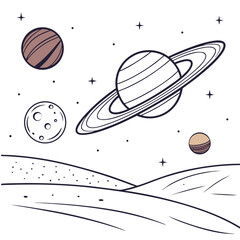 Hand drawn outer space doodle illustration with saturn ringed planet moon and stars in the night cosmos universe astronomy illustration whimsical celestial exploration adventure education © kuhinur