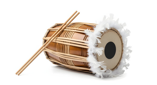 Traditional Bengali Dhak drum adorned with white feathers and resting drumsticks