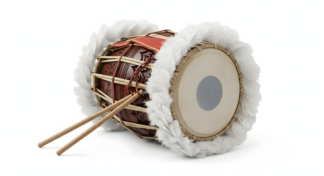 Traditional Bengali Dhak drum adorned with white feathers and resting drumsticks