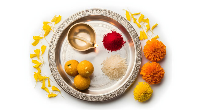 Silver Aarti Thali arranged with a Diya, marigold flowers, kumkum, and Indian sweets