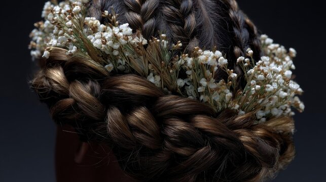 Close-up of the back of a woman's head, with her hair styled in a braided updo. the hair is dark brown and appears to be braided in a way that creates a textured look.