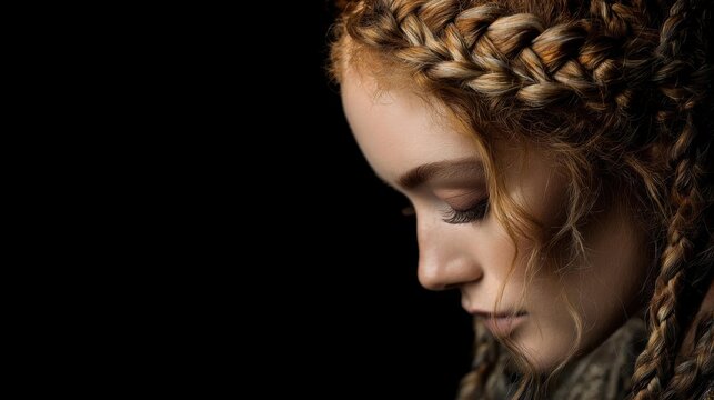 Close-up portrait of a young woman's face. she has long blonde hair that is styled in a braided updo. her eyes are closed and her expression is peaceful and serene.