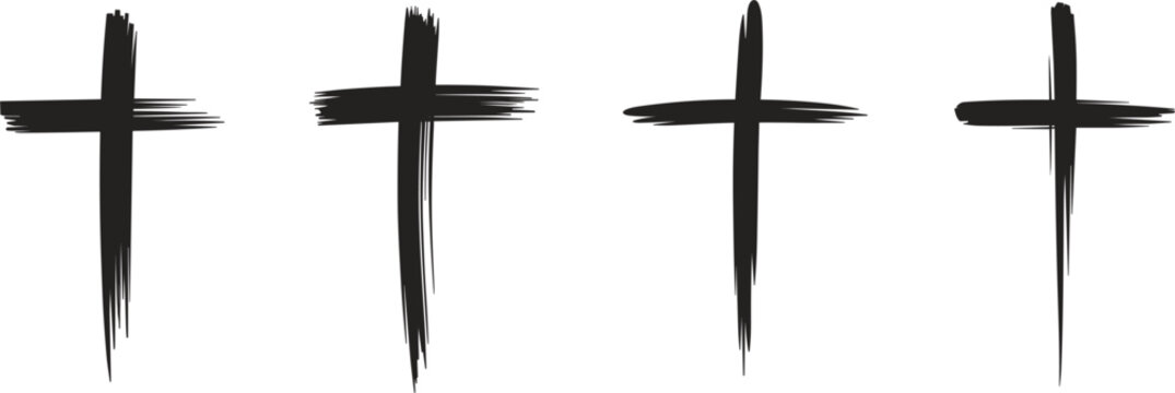 Christian cross silhouette hand drawn brush set, religious crucifix icons for church and easter vector illustration