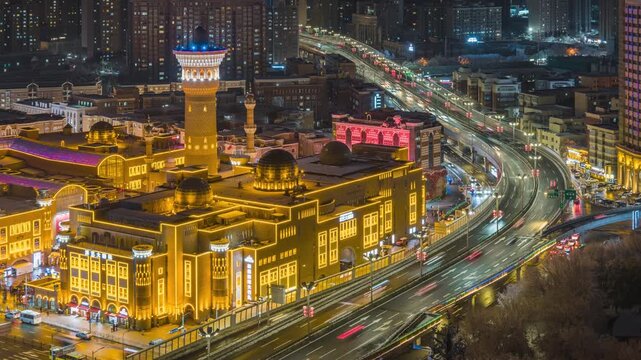 Aerial time-lapse snow scene with traffic flow at Xinjiang Urumqi International Grand Bazaar