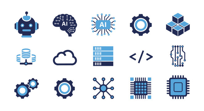 Artificial intelligence and technology icons set isolated on white background representing ai system and digital innovation concept