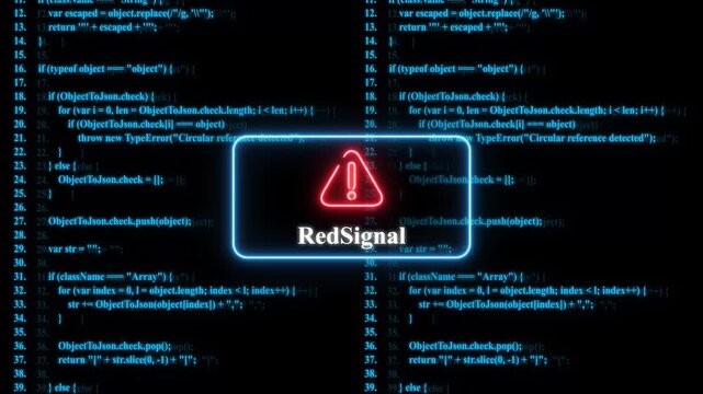 Cyber security warning: red signal alert on digital programming code background, for data breach, and system error concepts