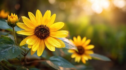 Obraz premium Bright Sunflower Blooming in Garden with Soft Sunshine Background