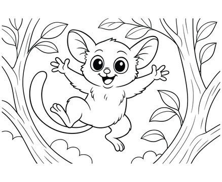 Happy bushbaby jumping between trees in jungle scene, cute animal cartoon coloring page.