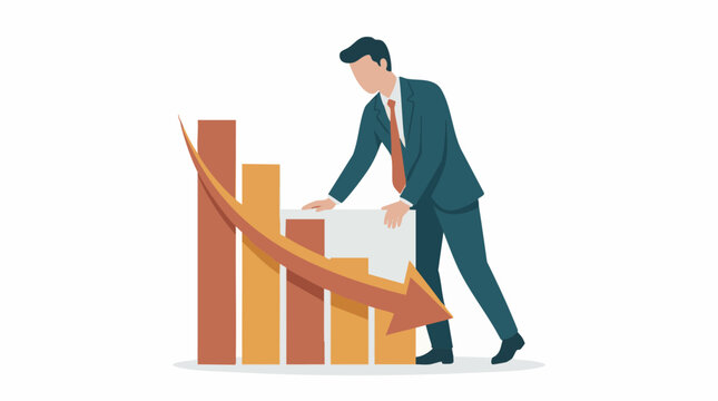 Economic downturn: Businessman and falling bar graph with downward arrow