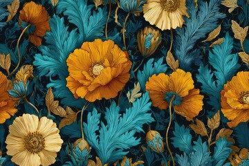 Fototapeta premium Detailed floral pattern with orange and cream poppies, teal leaves on a dark background