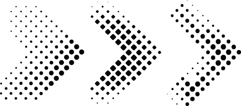Halftone arrow collection set, black dotted chevron pointer icons for digital directional motion isolated vector illustration