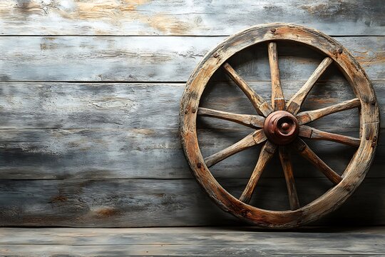 An aged wooden wagon wheel leaning against a rustic plank wall