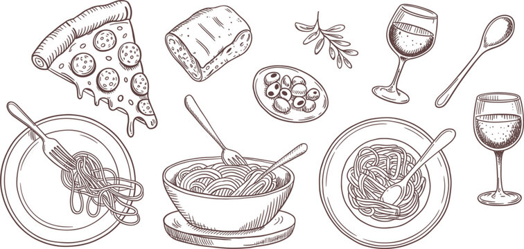 Italian food hand drawn sketch collection, pizza, pasta and wine icons for restaurant menu vector illustration