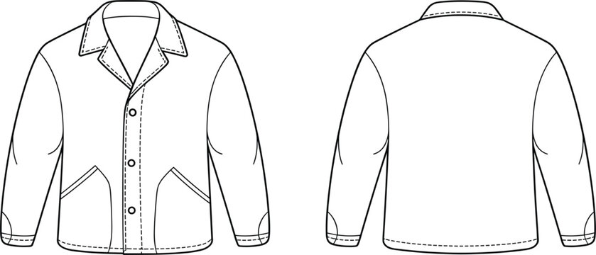 Men jacket technical sketch collection, front and back view outline for apparel fashion design template vector