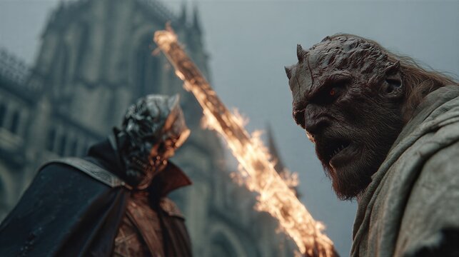 Knight in armor with flaming sword confronts demonic warrior outside gothic cathedral. Epic fantasy battle between hero and monster in medieval dark setting. Heroism against evil supernatural forces.