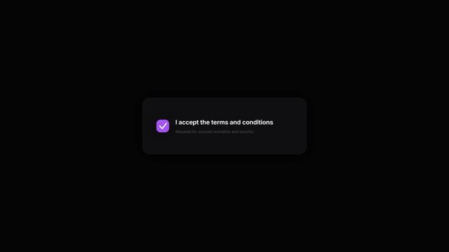 Animated user interface checkbox clicking I accept the terms and conditions with purple checkmark on black background